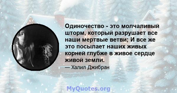 Одиночество - это молчаливый шторм, который разрушает все наши мертвые ветви; И все же это посылает наших живых корней глубже в живое сердце живой земли.