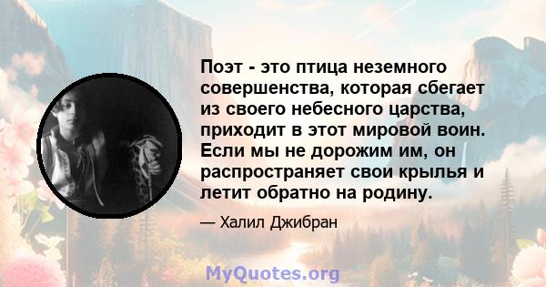 Поэт - это птица неземного совершенства, которая сбегает из своего небесного царства, приходит в этот мировой воин. Если мы не дорожим им, он распространяет свои крылья и летит обратно на родину.