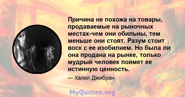 Причина не похожа на товары, продаваемые на рыночных местах-чем они обильны, тем меньше они стоят. Разум стоит воск с ее изобилием. Но была ли она продана на рынке, только мудрый человек поймет ее истинную ценность.