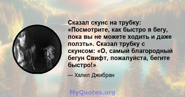 Сказал скунс на трубку: «Посмотрите, как быстро я бегу, пока вы не можете ходить и даже ползть». Сказал трубку с скунсом: «О, самый благородный бегун Свифт, пожалуйста, бегите быстро!»