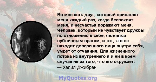 Во мне есть друг, который прилагает меня каждый раз, когда беспокоят меня, и несчастья поражают меня. Человек, который не чувствует дружбы по отношению к себе, является публичным врагом, и тот, кто не находит