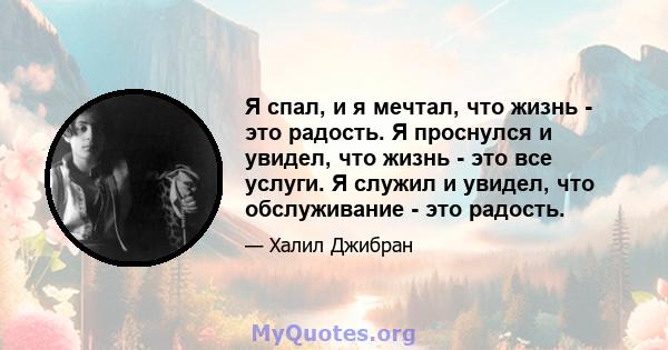 Я спал, и я мечтал, что жизнь - это радость. Я проснулся и увидел, что жизнь - это все услуги. Я служил и увидел, что обслуживание - это радость.