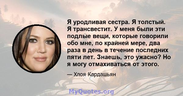 Я уродливая сестра. Я толстый. Я трансвестит. У меня были эти подлые вещи, которые говорили обо мне, по крайней мере, два раза в день в течение последних пяти лет. Знаешь, это ужасно? Но я могу отмахиваться от этого.