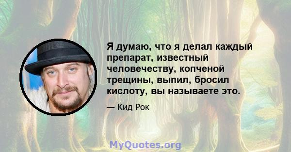 Я думаю, что я делал каждый препарат, известный человечеству, копченой трещины, выпил, бросил кислоту, вы называете это.