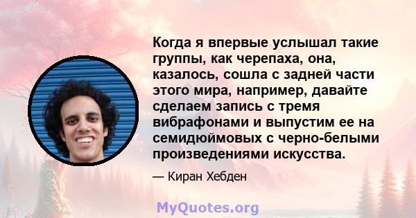 Когда я впервые услышал такие группы, как черепаха, она, казалось, сошла с задней части этого мира, например, давайте сделаем запись с тремя вибрафонами и выпустим ее на семидюймовых с черно-белыми произведениями