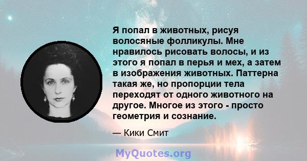 Я попал в животных, рисуя волосяные фолликулы. Мне нравилось рисовать волосы, и из этого я попал в перья и мех, а затем в изображения животных. Паттерна такая же, но пропорции тела переходят от одного животного на