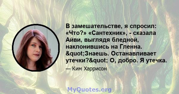 В замешательстве, я спросил: «Что?» «Сантехник», - сказала Айви, выглядя бледной, наклонившись на Гленна. "Знаешь. Останавливает утечки?" О, добро. Я утечка.