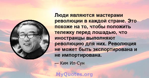 Люди являются мастерами революции в каждой стране. Это похоже на то, чтобы положить тележку перед лошадью, что иностранцы выполняют революцию для них. Революция не может быть экспортирована и не импортирована.