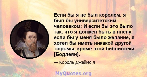 Если бы я не был королем, я был бы университетским человеком; И если бы это было так, что я должен быть в плену, если бы у меня было желание, я хотел бы иметь никакой другой тюрьмы, кроме этой библиотеки [Бодлеян].