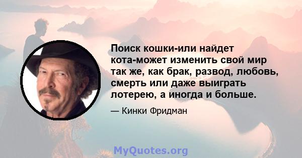 Поиск кошки-или найдет кота-может изменить свой мир так же, как брак, развод, любовь, смерть или даже выиграть лотерею, а иногда и больше.