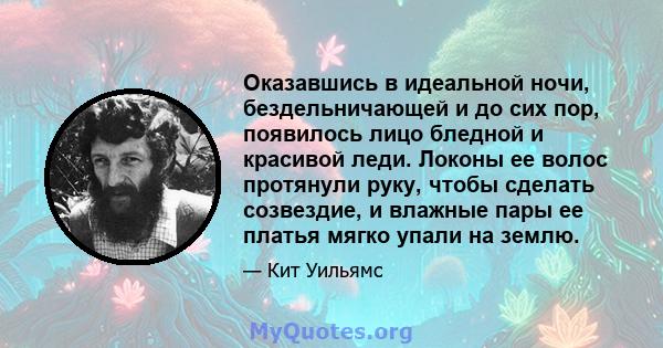 Оказавшись в идеальной ночи, бездельничающей и до сих пор, появилось лицо бледной и красивой леди. Локоны ее волос протянули руку, чтобы сделать созвездие, и влажные пары ее платья мягко упали на землю.