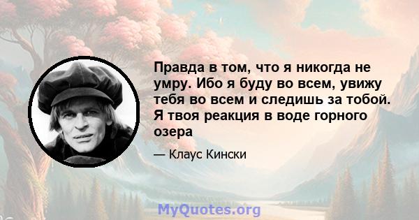 Правда в том, что я никогда не умру. Ибо я буду во всем, увижу тебя во всем и следишь за тобой. Я твоя реакция в воде горного озера