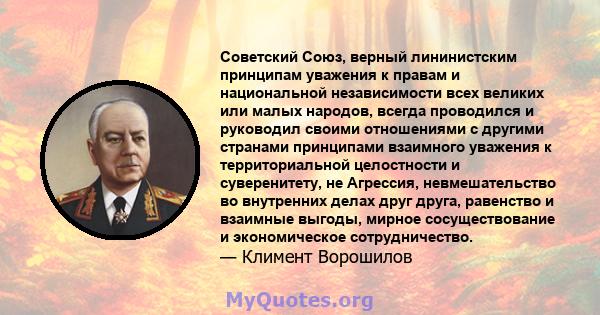 Советский Союз, верный лининистским принципам уважения к правам и национальной независимости всех великих или малых народов, всегда проводился и руководил своими отношениями с другими странами принципами взаимного