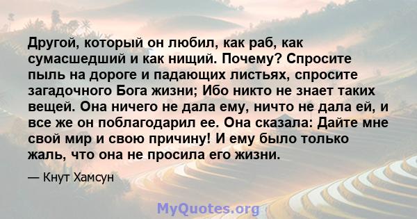 Другой, который он любил, как раб, как сумасшедший и как нищий. Почему? Спросите пыль на дороге и падающих листьях, спросите загадочного Бога жизни; Ибо никто не знает таких вещей. Она ничего не дала ему, ничто не дала