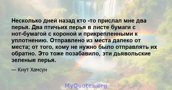 Несколько дней назад кто -то прислал мне два перья. Два птичьих перья в листе бумаги с нот-бумагой с короной и прикрепленными к уплотнению. Отправлено из места далеко от места; от того, кому не нужно было отправлять их