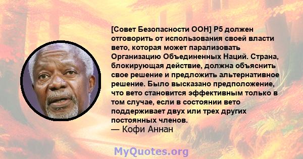 [Совет Безопасности ООН] P5 должен отговорить от использования своей власти вето, которая может парализовать Организацию Объединенных Наций. Страна, блокирующая действие, должна объяснить свое решение и предложить