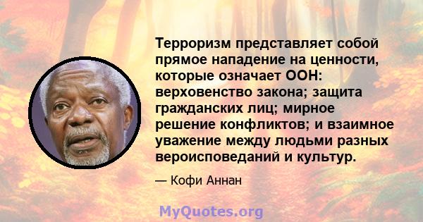 Терроризм представляет собой прямое нападение на ценности, которые означает ООН: верховенство закона; защита гражданских лиц; мирное решение конфликтов; и взаимное уважение между людьми разных вероисповеданий и культур.