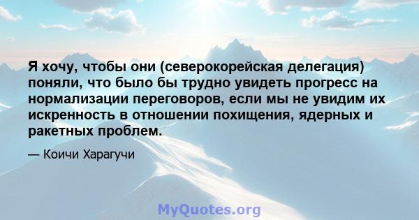 Я хочу, чтобы они (северокорейская делегация) поняли, что было бы трудно увидеть прогресс на нормализации переговоров, если мы не увидим их искренность в отношении похищения, ядерных и ракетных проблем.