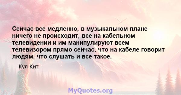 Сейчас все медленно, в музыкальном плане ничего не происходит, все на кабельном телевидении и им манипулируют всем телевизором прямо сейчас, что на кабеле говорит людям, что слушать и все такое.