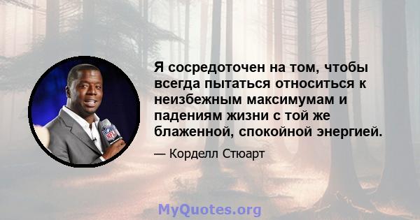 Я сосредоточен на том, чтобы всегда пытаться относиться к неизбежным максимумам и падениям жизни с той же блаженной, спокойной энергией.