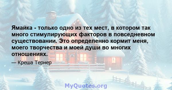 Ямайка - только одно из тех мест, в котором так много стимулирующих факторов в повседневном существовании. Это определенно кормит меня, моего творчества и моей души во многих отношениях.