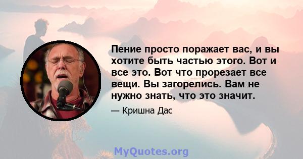 Пение просто поражает вас, и вы хотите быть частью этого. Вот и все это. Вот что прорезает все вещи. Вы загорелись. Вам не нужно знать, что это значит.