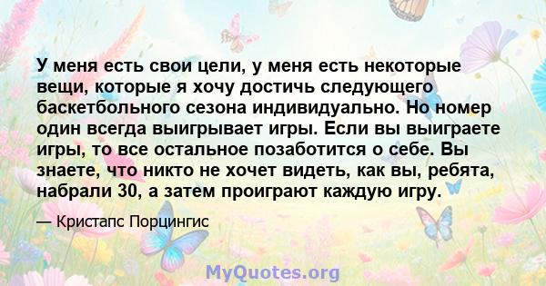 У меня есть свои цели, у меня есть некоторые вещи, которые я хочу достичь следующего баскетбольного сезона индивидуально. Но номер один всегда выигрывает игры. Если вы выиграете игры, то все остальное позаботится о