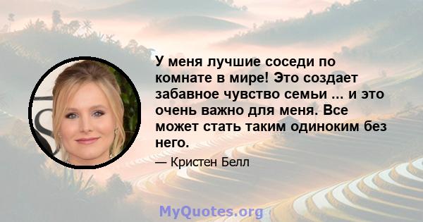 У меня лучшие соседи по комнате в мире! Это создает забавное чувство семьи ... и это очень важно для меня. Все может стать таким одиноким без него.