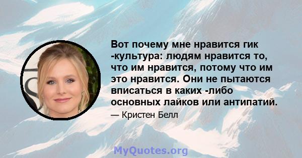 Вот почему мне нравится гик -культура: людям нравится то, что им нравится, потому что им это нравится. Они не пытаются вписаться в каких -либо основных лайков или антипатий.