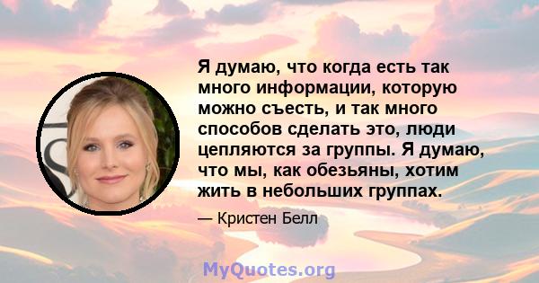 Я думаю, что когда есть так много информации, которую можно съесть, и так много способов сделать это, люди цепляются за группы. Я думаю, что мы, как обезьяны, хотим жить в небольших группах.