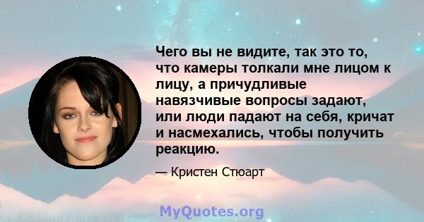 Чего вы не видите, так это то, что камеры толкали мне лицом к лицу, а причудливые навязчивые вопросы задают, или люди падают на себя, кричат ​​и насмехались, чтобы получить реакцию.