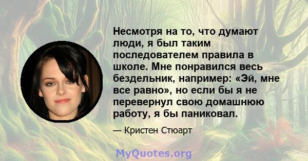 Несмотря на то, что думают люди, я был таким последователем правила в школе. Мне понравился весь бездельник, например: «Эй, мне все равно», но если бы я не перевернул свою домашнюю работу, я бы паниковал.