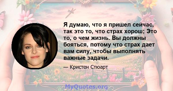 Я думаю, что я пришел сейчас, так это то, что страх хорош; Это то, о чем жизнь. Вы должны бояться, потому что страх дает вам силу, чтобы выполнять важные задачи.