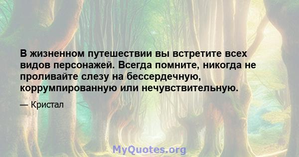 В жизненном путешествии вы встретите всех видов персонажей. Всегда помните, никогда не проливайте слезу на бессердечную, коррумпированную или нечувствительную.