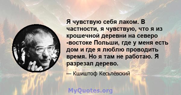 Я чувствую себя лаком. В частности, я чувствую, что я из крошечной деревни на северо -востоке Польши, где у меня есть дом и где я люблю проводить время. Но я там не работаю. Я разрезал дерево.