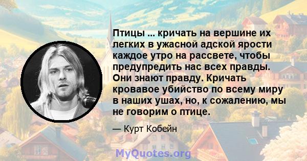 Птицы ... кричать на вершине их легких в ужасной адской ярости каждое утро на рассвете, чтобы предупредить нас всех правды. Они знают правду. Кричать кровавое убийство по всему миру в наших ушах, но, к сожалению, мы не