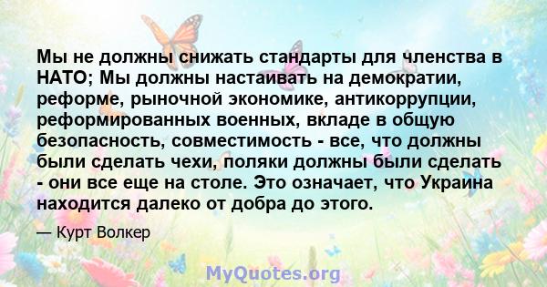 Мы не должны снижать стандарты для членства в НАТО; Мы должны настаивать на демократии, реформе, рыночной экономике, антикоррупции, реформированных военных, вкладе в общую безопасность, совместимость - все, что должны