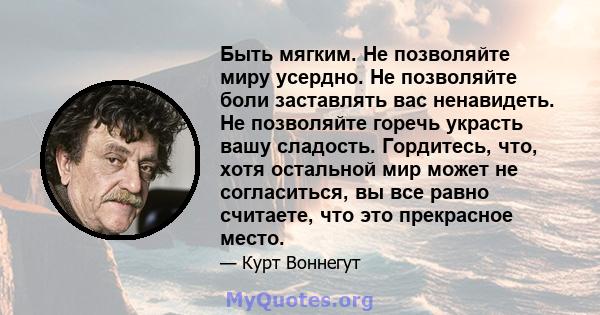 Быть мягким. Не позволяйте миру усердно. Не позволяйте боли заставлять вас ненавидеть. Не позволяйте горечь украсть вашу сладость. Гордитесь, что, хотя остальной мир может не согласиться, вы все равно считаете, что это