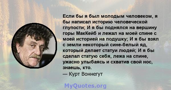 Если бы я был молодым человеком, я бы написал историю человеческой глупости; И я бы поднялся на вершину горы МакКейб и лежал на моей спине с моей историей на подушку; И я бы взял с земли некоторый сине-белый яд, который 