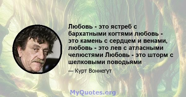 Любовь - это ястреб с бархатными когтями любовь - это камень с сердцем и венами, любовь - это лев с атласными челюстями Любовь - это шторм с шелковыми поводьями