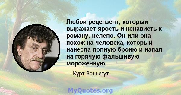 Любой рецензент, который выражает ярость и ненависть к роману, нелепо. Он или она похож на человека, который нанесла полную броню и напал на горячую фальшивую мороженную.