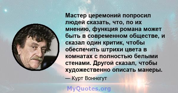 Мастер церемоний попросил людей сказать, что, по их мнению, функция романа может быть в современном обществе, и сказал один критик, чтобы обеспечить штрихи цвета в комнатах с полностью белыми стенами. Другой сказал,