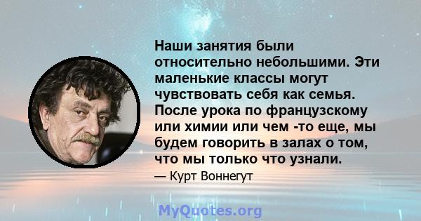 Наши занятия были относительно небольшими. Эти маленькие классы могут чувствовать себя как семья. После урока по французскому или химии или чем -то еще, мы будем говорить в залах о том, что мы только что узнали.