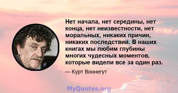 Нет начала, нет середины, нет конца, нет неизвестности, нет моральных, никаких причин, никаких последствий. В наших книгах мы любим глубины многих чудесных моментов, которые видели все за один раз.