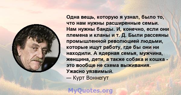 Одна вещь, которую я узнал, было то, что нам нужны расширенные семьи. Нам нужны банды. И, конечно, если они племена и кланы и т. Д. Были рассеяны промышленной революцией людьми, которые ищут работу, где бы они ни