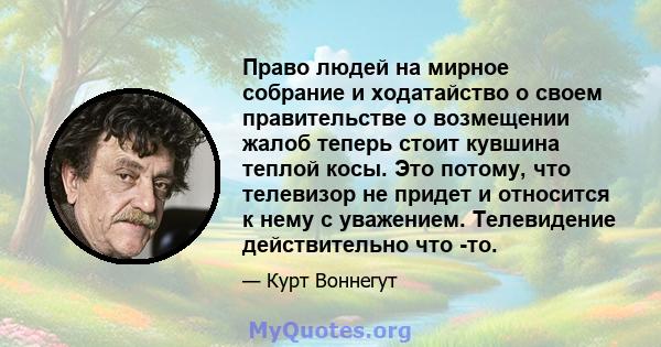 Право людей на мирное собрание и ходатайство о своем правительстве о возмещении жалоб теперь стоит кувшина теплой косы. Это потому, что телевизор не придет и относится к нему с уважением. Телевидение действительно что