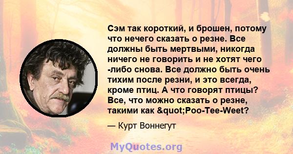 Сэм так короткий, и брошен, потому что нечего сказать о резне. Все должны быть мертвыми, никогда ничего не говорить и не хотят чего -либо снова. Все должно быть очень тихим после резни, и это всегда, кроме птиц. А что