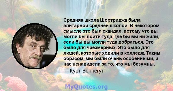 Средняя школа Шортриджа была элитарной средней школой. В некотором смысле это был скандал, потому что вы могли бы пойти туда, где бы вы ни жили, если бы вы могли туда добраться. Это было для чрезмерных. Это было для