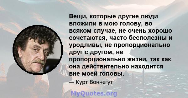 Вещи, которые другие люди вложили в мою голову, во всяком случае, не очень хорошо сочетаются, часто бесполезны и уродливы, не пропорционально друг с другом, не пропорционально жизни, так как она действительно находится