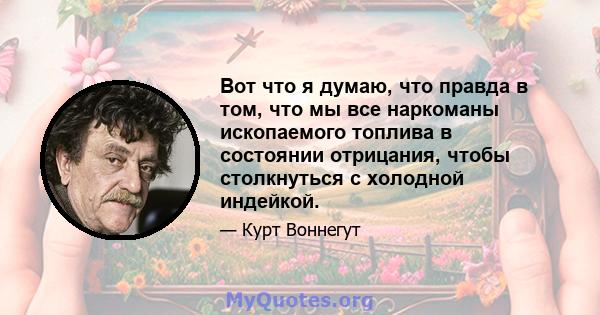 Вот что я думаю, что правда в том, что мы все наркоманы ископаемого топлива в состоянии отрицания, чтобы столкнуться с холодной индейкой.